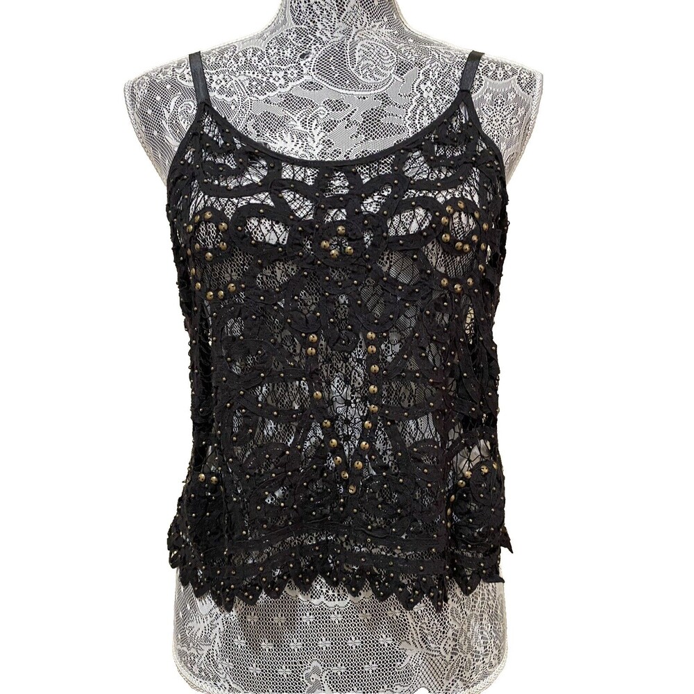 Free People Intimately Black Crochet Lace Cami Studded Tank Top Boho Festival S - Picture 10 of 15